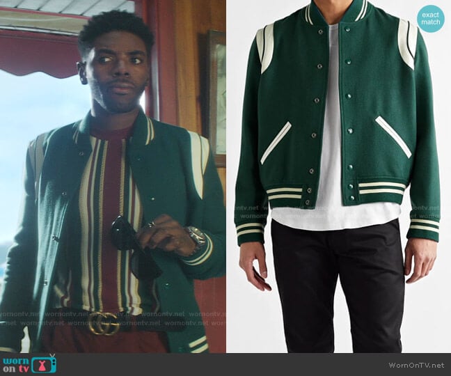 Teddy Bomber Jacket by Saint Laurent worn by Tian Richards on Nancy Drew