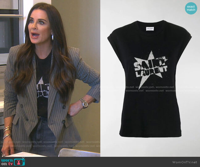 Logo Star Print T-shirt by Saint Laurent worn by Kyle Richards on The Real Housewives of Beverly Hills