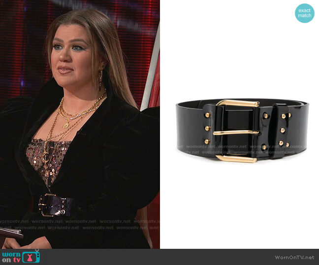 Patent Leather Corset Belt by Saint Laurent worn by Kelly Clarkson  on The Voice