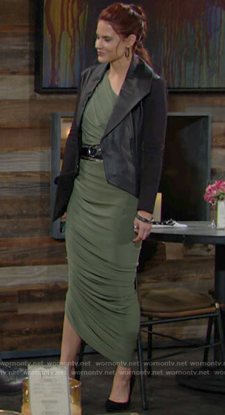 Sally's green asymmetric midi dress and leather jacket on The Young and the Restless