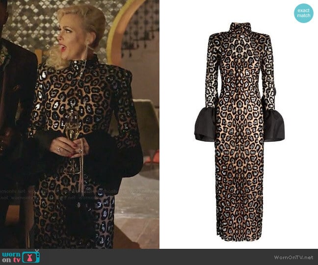 Ruffled Leopard Midi Dress by Sandra Mansour worn by Alexis Carrington (Elaine Hendrix) on Dynasty