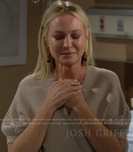 Sharon’s beige pleated v-neck sweater on The Young and the Restless