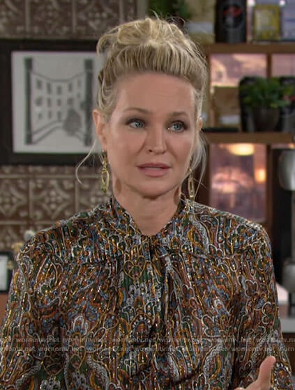 Sharon's metallic paisley print bouse on The Young and the Restless