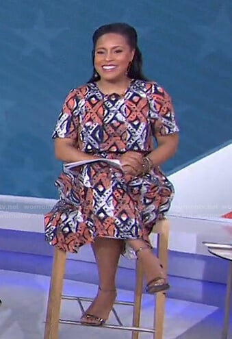 Sheinelle’s orange printed colorblock dress on Today