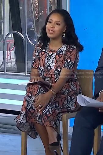 Sheinelle’s orange printed colorblock dress on Today