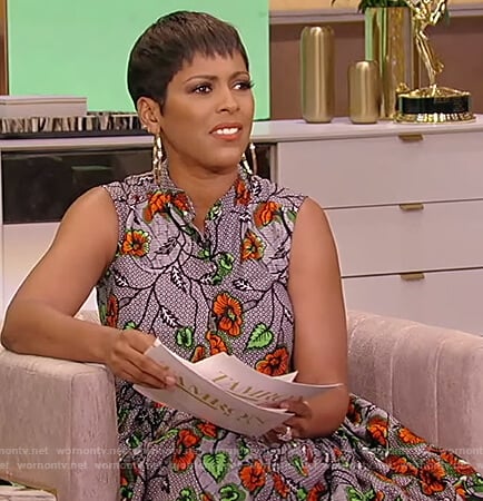 Tamron’s gray floral print sleeveless dress on Tamron Hall Show