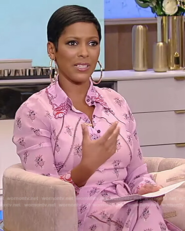 Tamron’s pink floral tie waist dress on Tamron Hall Show