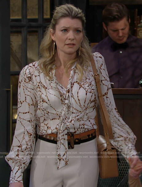 Tara's white printed tie neck blouse on The Young and the Restless