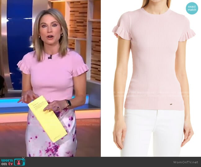 Ribbed Frill Sleeve Sweater by Ted Baker worn by Amy Robach on Good Morning America