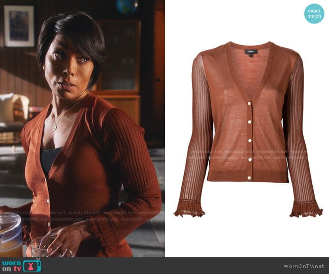 Beri Sheer Sleeve Cardigan by Theory worn by Athena Grant (Angela Bassett) on 9-1-1