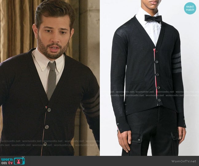 V-neck Cardigan by Thom Browne worn by Sam Flores (Rafael de la Fuente) on Dynasty