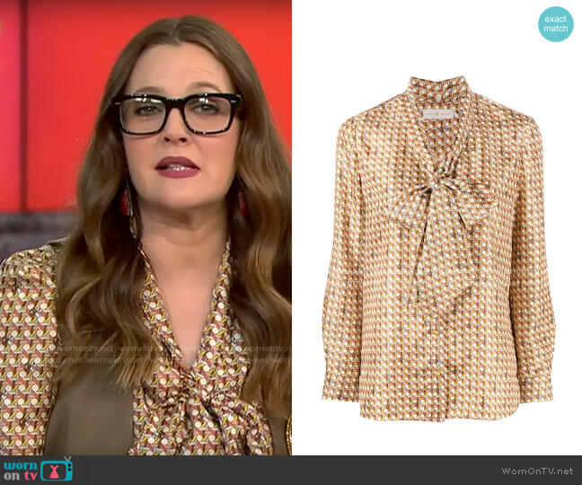 Tory Burch Geometric-print silk shirt worn by Drew Barrymore on CBS This Morning