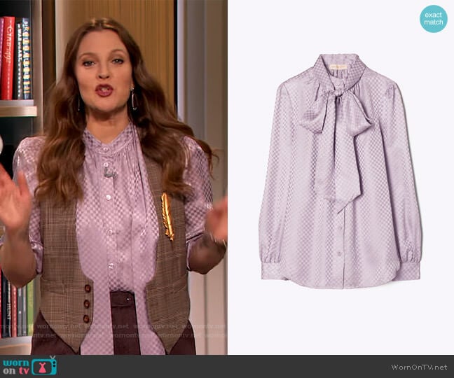 Textured Bow Blouse by Tory Burch worn by Drew Barrymore  on The Drew Barrymore Show
