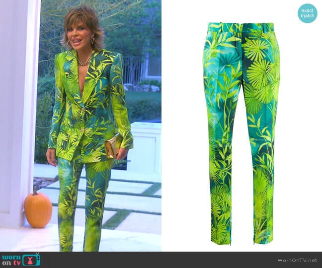 Palm-Print Slim Fit Trousers by Versace worn by Lisa Rinna on The Real Housewives of Beverly Hills