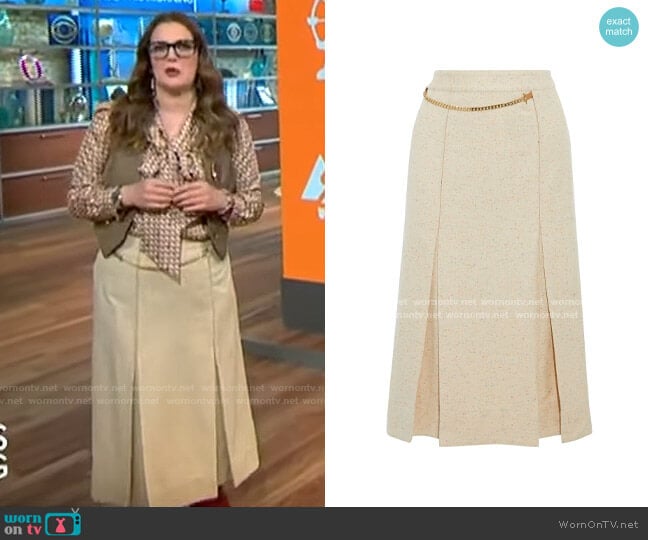 Victoria Beckham Chain-detailed pleated donegal silk-blend tweed wrap skirt worn by Drew Barrymore on CBS This Morning