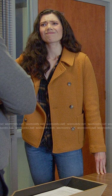 Violet’s mustard peacoat on Chicago Fire