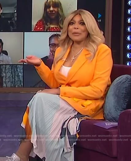 Wendy’s orange belted blazer and printed skirt on The Wendy Williams Show