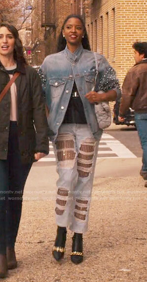 Wickie’s pearl embellished denim jacket and distressed jeans on Girls5eva