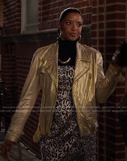 Wickie’s gold leather moto jacket on Girls5eva