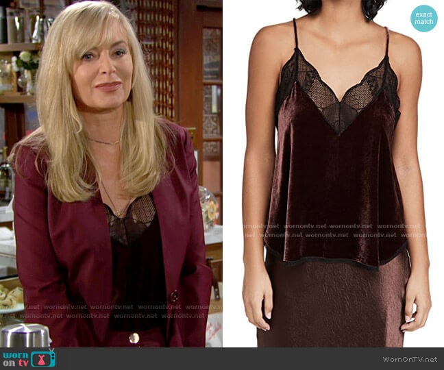 Zadig & Voltaire Christy Velvet Blouse in Bordeaux worn by Ashley Abbott (Eileen Davidson) on The Young and the Restless