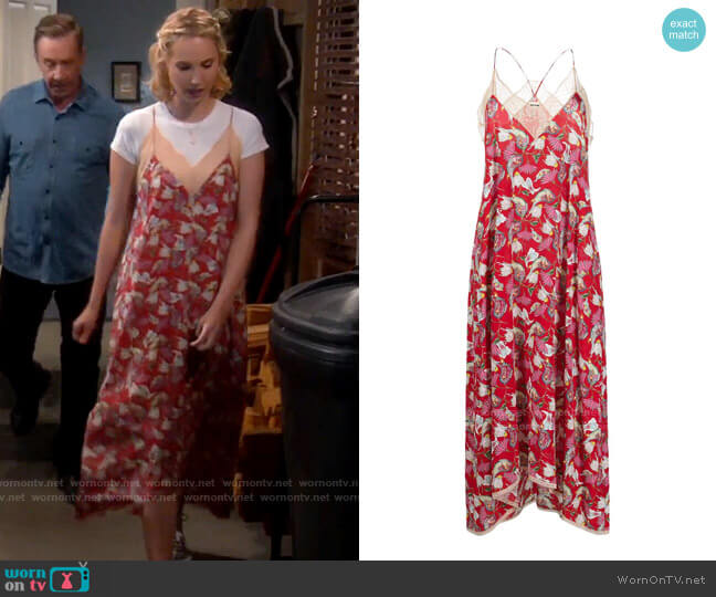 Mandy’s red floral lace-trim slip dress on Last Man Standing