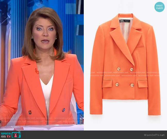 Double Breasted Cropped Blazer by Zara worn by Norah O'Donnell  on CBS Evening News