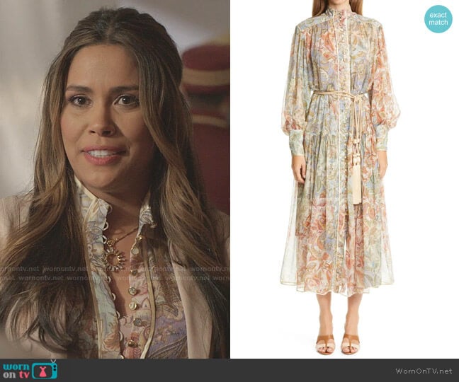 Lucky Bound Long Bishop Sleeve Silk Dress by Zimmermann worn by Cristal Jennings (Daniella Alonso) on Dynasty