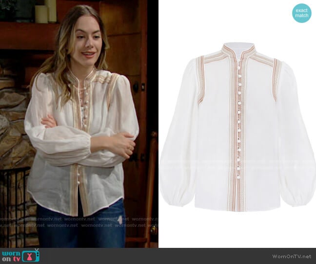 Zimmermann Cassia Corded Blouse worn by Hope Logan (Annika Noelle) on The Bold and the Beautiful