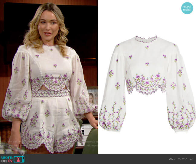 Zimmermann Poppy Floral Cropped Top worn by Flo Fulton (Katrina Bowden) on The Bold and the Beautiful