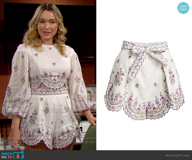 Zimmermann Poppy Floral Scalloped Shorts worn by Flo Fulton (Katrina Bowden) on The Bold and the Beautiful