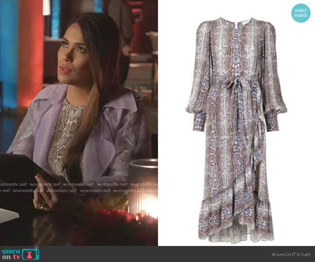 Snakeskin-Print Wrap Dress by Zimmermann worn by Cristal Jennings (Daniella Alonso) on Dynasty