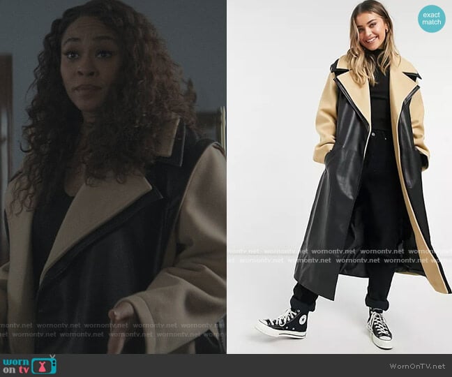 Hybrid Leather Look Belted Coat by ASOS worn by Tracy Roxboro on The Chi