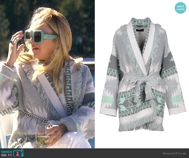 Fringed Jacquard-Knit Cashmered Cardigan by Alanui worn by Sutton Stracke on The Real Housewives of Beverly Hills