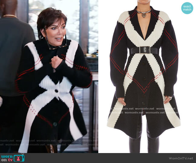 Argyle Intarsia Knit Wool-Cashmere Cardigan by Alexander McQueen worn by Kris Jenner  on Keeping Up with the Kardashians