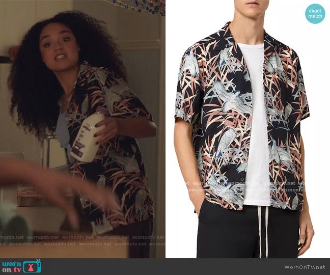 Siber Bird Print Relaxed Fit Camp Shirt by All Saints worn by Kat Edison (Aisha Dee) on The Bold Type