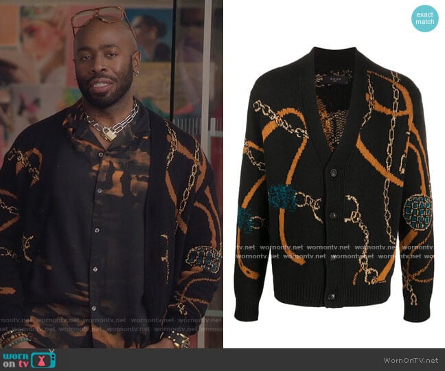 Patterned V-neck cardigan by Amiri worn by Stephen Conrad Moore on The Bold Type