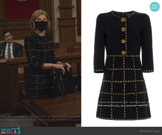 Button-Embellished Check-Detailed Crepe Mini Dress by Andrew Gn worn by Diane Lockhart (Christine Baranski) on The Good Fight