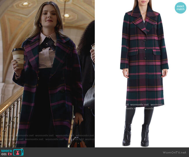 Plaid Walker Coat by Avec Les Filles worn by Sutton (Meghann Fahy) on The Bold Type