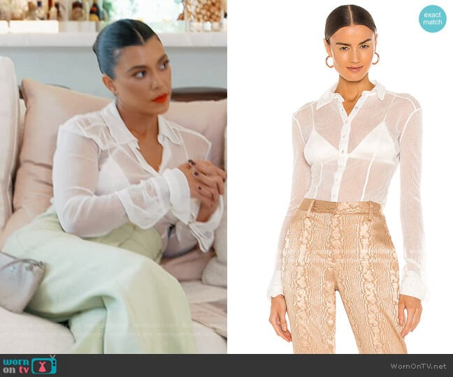 WornOnTV: Kourtney’s white sheer blouse and green pants on Keeping Up ...