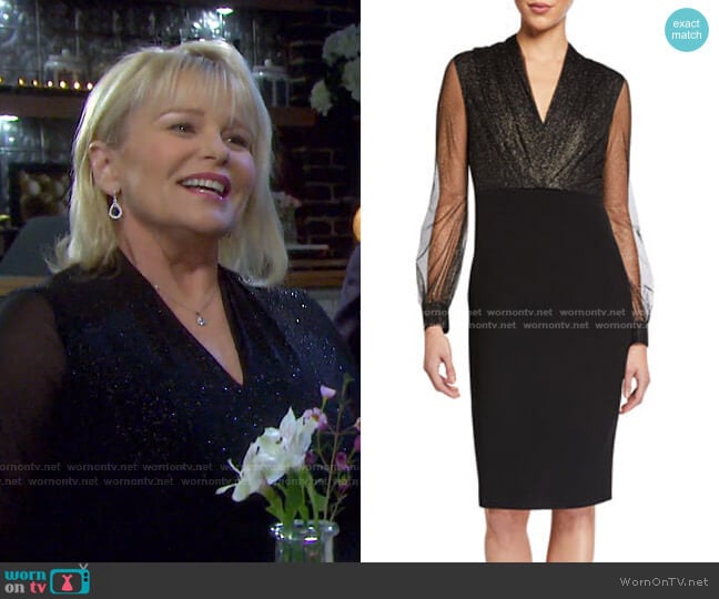 Metallic Mesh Dot Sheer-Sleeve Crepe Dress by Badgley Mischka Collection worn by Bonnie Lockhart (Judi Evans) on Days of our Lives