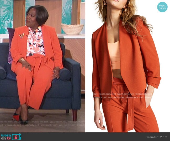 Ruched-Sleeve Jacket and Pants by Bar III worn by Sheryl Underwood on The Talk