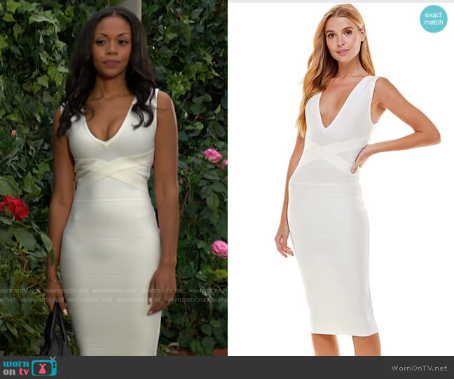 Bebe Classic Bandage V-Neck Midi Dress worn by Amanda Sinclair (Mishael Morgan) on The Young and the Restless