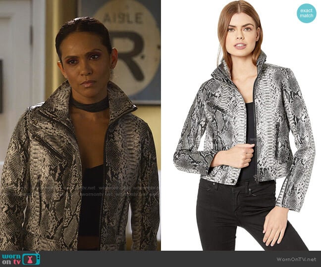 Faux Snakeskin Moto Jacket in Anaconda by Blank NYC worn by Mazikeen (Lesley-Ann Brandt) on Lucifer