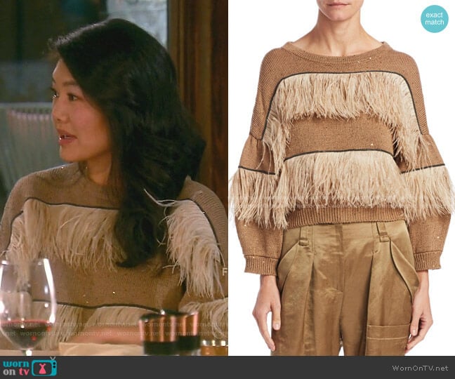 Feather Trimmed Crew Sweater by Brunello Cucinelli worn by Crystal Kung Minkoff on The Real Housewives of Beverly Hills