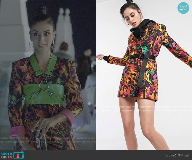 Flame Print Blazer Dress with Waist Belt by Collusion from ASOS worn by Rebeca (Claudia Salas) on Elite