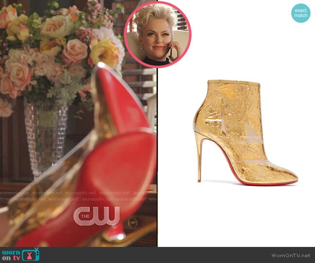 Booty Cap 100 Creased-Foil Perspex Ankle Boots by Christian Louboutin worn by Alexis Carrington (Elaine Hendrix) on Dynasty