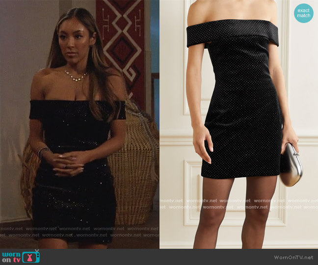 Off-the-shoulder glittered velvet mini dress by Christopher Kane worn by Tayshia Adams on The Bachelorette