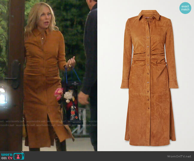 Claudia Ruched Suede Midi Shirt Dress by Altuzarra worn by Sutton Stracke on The Real Housewives of Beverly Hills