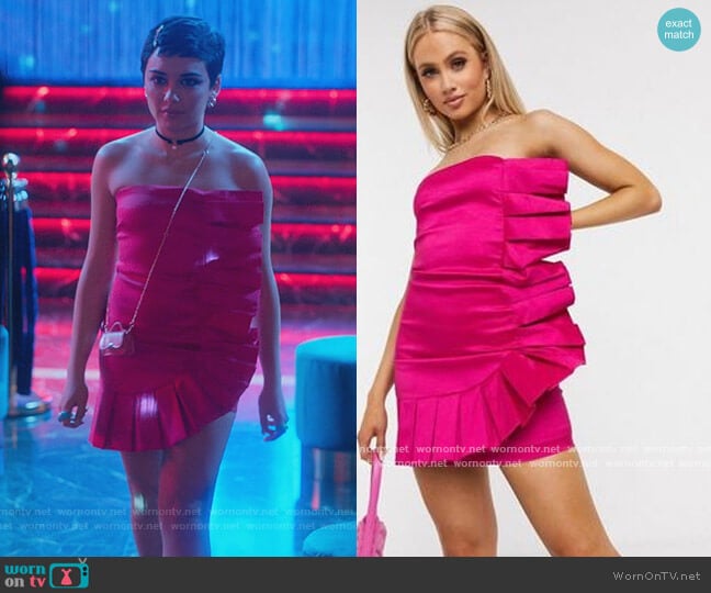 London Bandeau Pleated Ruffle Mini Dress by Club L worn by Ari Blanco (Carla Diaz) on Elite