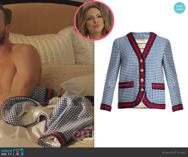 Contrast-Trim Tweed Jacket by Gucci worn by Fallon Carrington (Elizabeth Gillies) on Dynasty